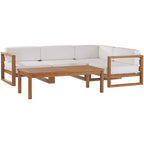 Modway EEI-4619-NAT-WHI-SET Upland 5-Piece Outdoor Patio Teak Wood Sectional Sofa Set Natural White