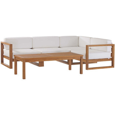 Modway EEI-4619-NAT-WHI-SET Upland 5-Piece Outdoor Patio Teak Wood Sectional Sofa Set Natural White