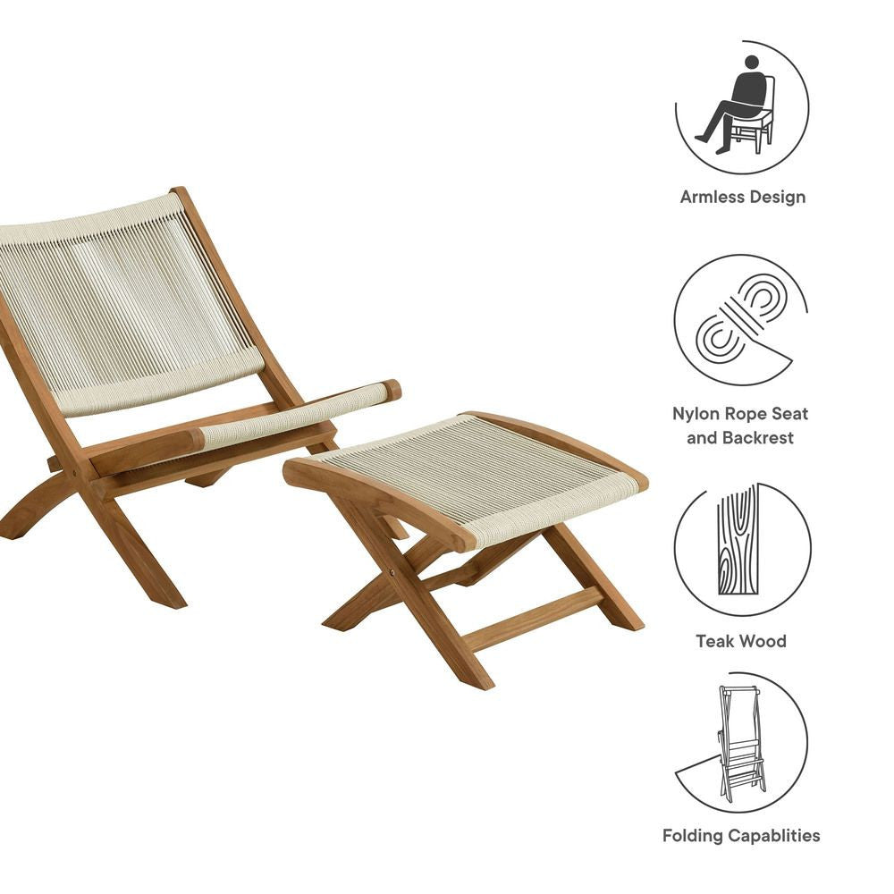 EEI-6938 Vienna 2-Piece Outdoor Patio Teak and Rope Folding Accent Lounge Chair and Ottoman Set by Modway