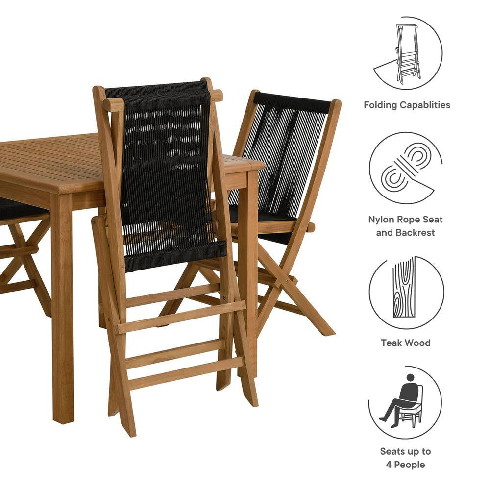 EEI-6932 Vienna 5-Piece Outdoor Patio Teak Wood Dining Set with Rope Folding Chairs by Modway
