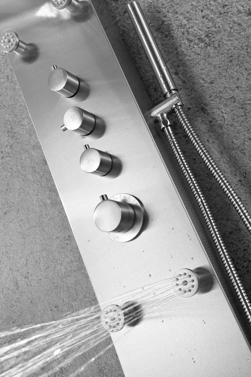 ANZZI Fontan 64 in. 6-Jetted Full Body Shower Panel with Heavy Rain Shower and Spray Wand in Brushed Steel SP-AZ026