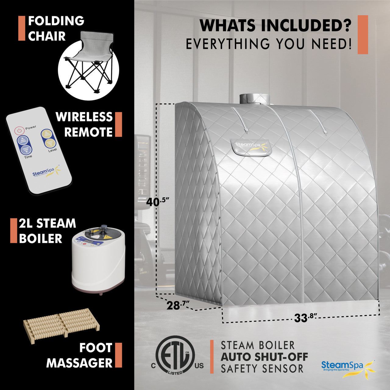 SteamSpa Portable 1-Person 2-Liter Steam Generator Indoor Home Sauna with Digital Controller, Folding Chair and Foot Massager in Silver Finish