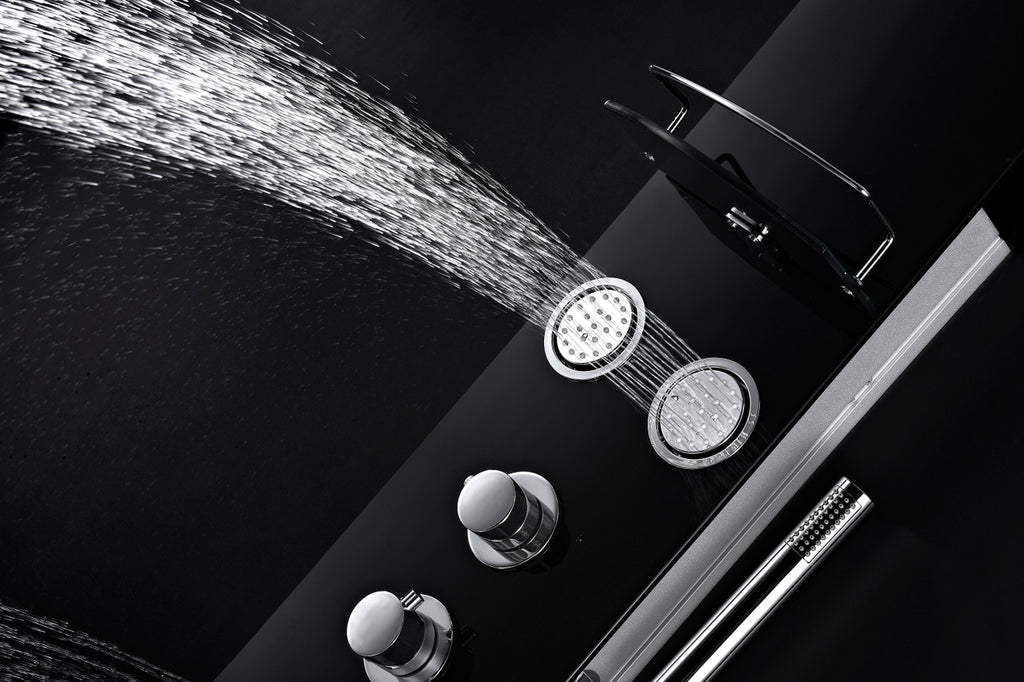 ANZZI Llano Series 56 in. Full Body Shower Panel System with Heavy Rain Shower and Spray Wand in Black SP-AZ047