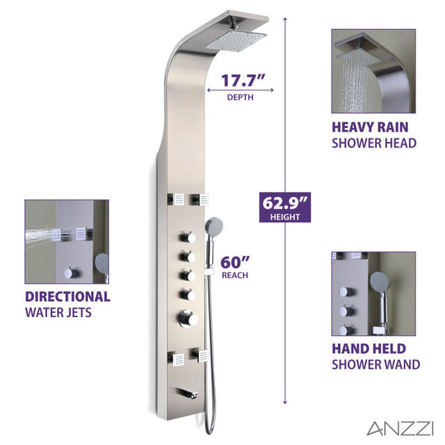 ANZZI Echo 63.5 in. 4-Jetted Shower Panel with Heavy Rain Shower and Spray Wand in Brushed Steel SP-AZ022