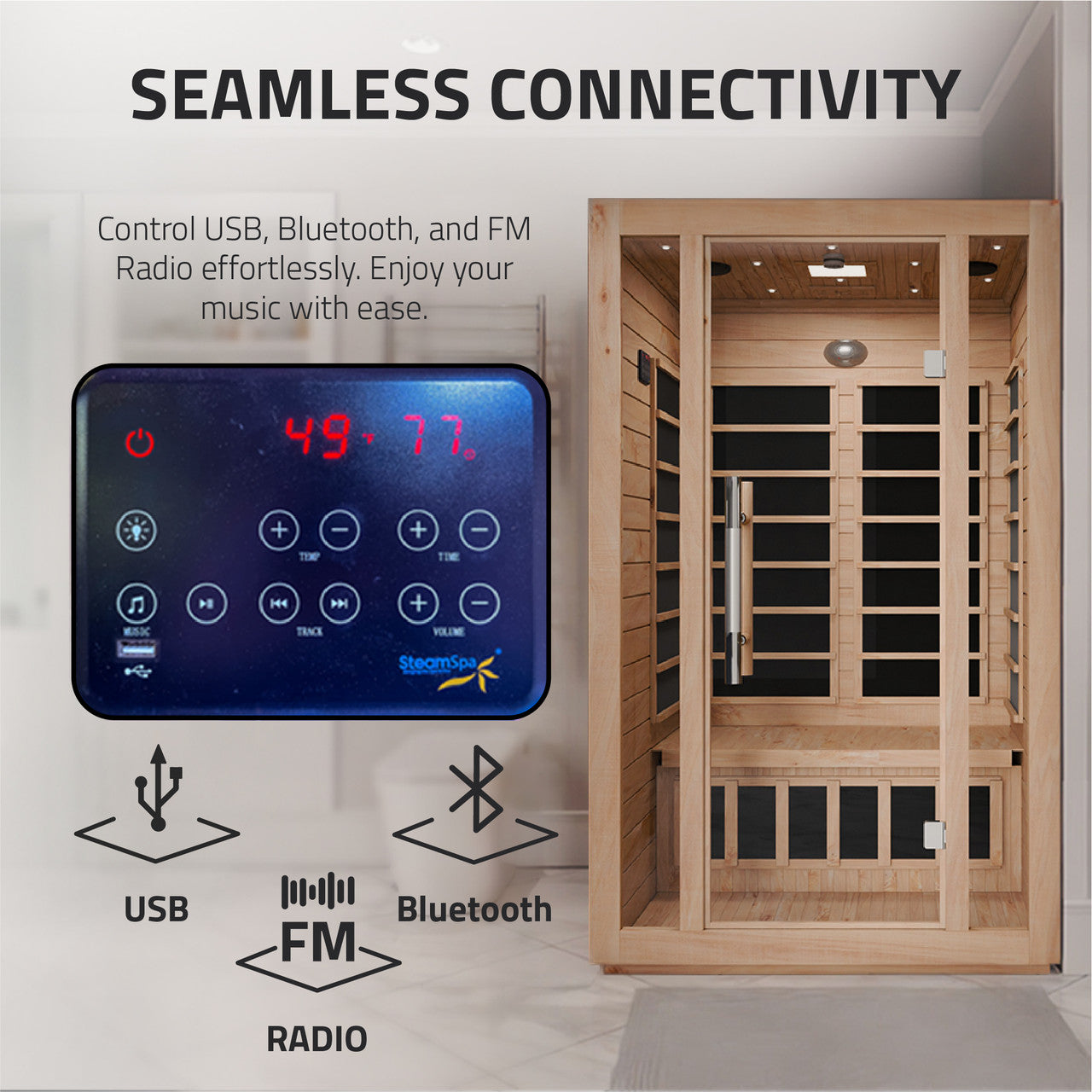 SteamSpa Maldives 2-Person Low EMF Carbon FAR Infrared Hemlock Wooden Indoor Home Sauna Room with LED Touch Control Panel