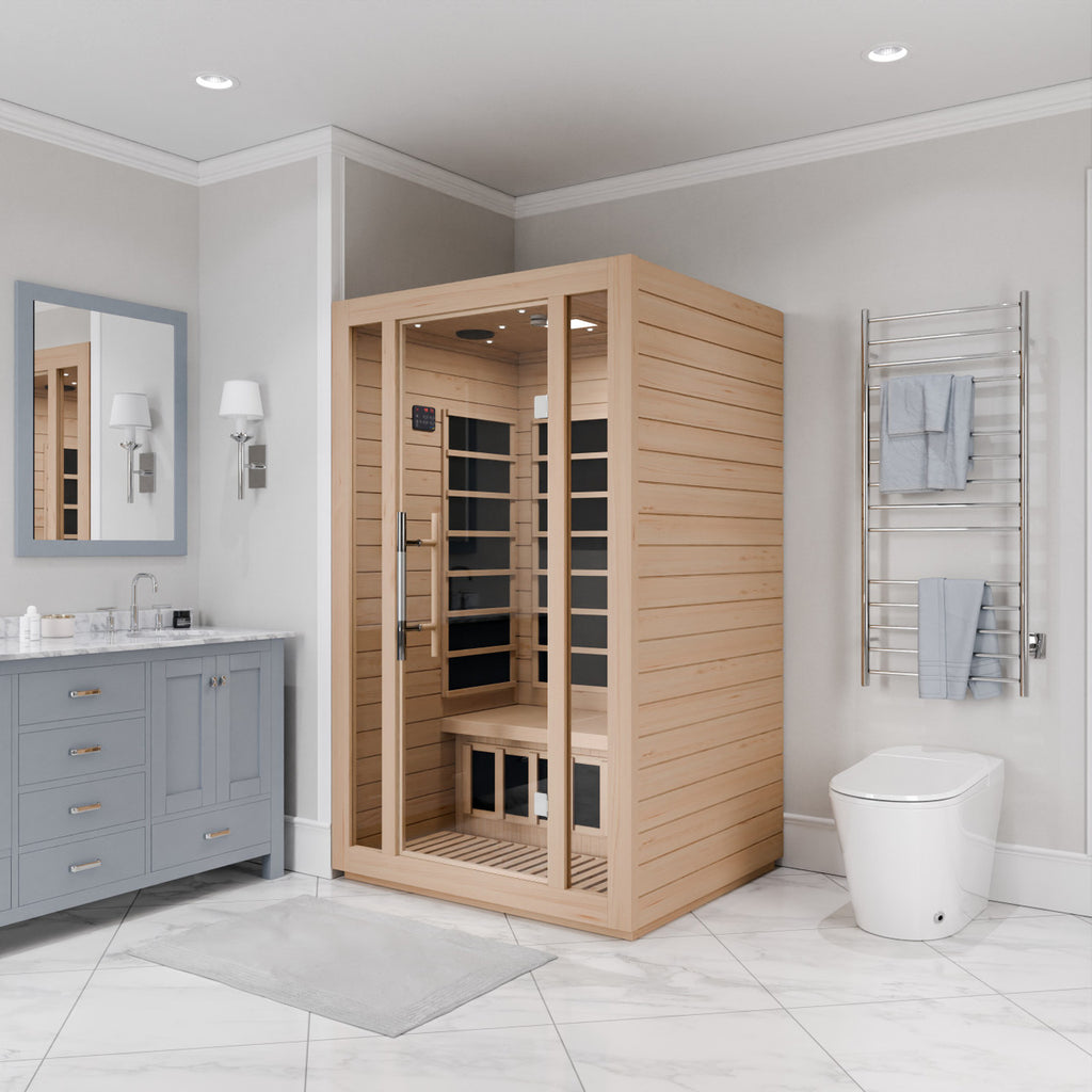 SteamSpa Maldives 2-Person Low EMF Carbon FAR Infrared Hemlock Wooden Indoor Home Sauna Room with LED Touch Control Panel