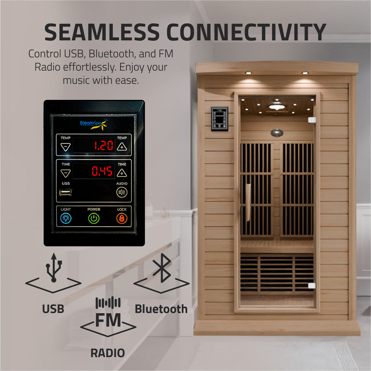 SteamSpa Seychelles 2-Person Carbon FAR Infrared Infrared Hemlock Wooden Indoor Home Sauna Room with LED Touch Control Panel