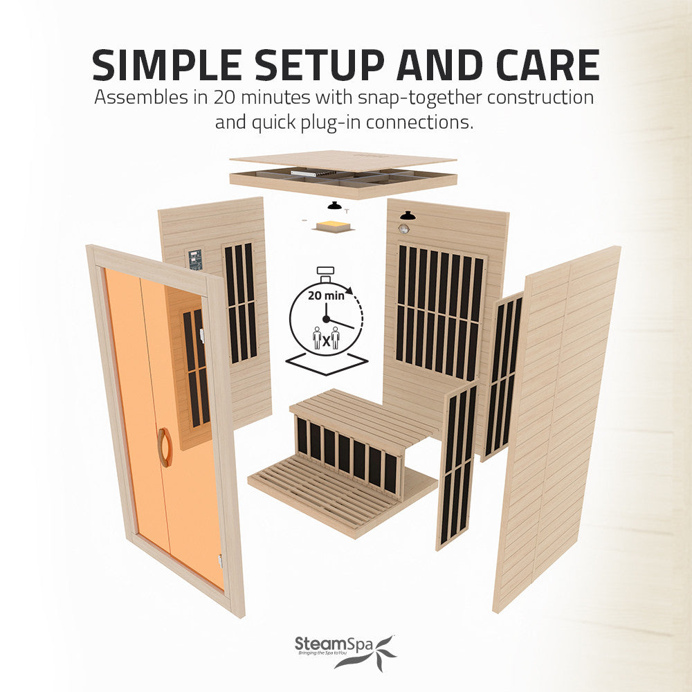 SteamSpa Viti 2-Person Carbon FAR Infrared Hemlock Wooden Indoor Home Sauna Room with LED Touch Control Panel