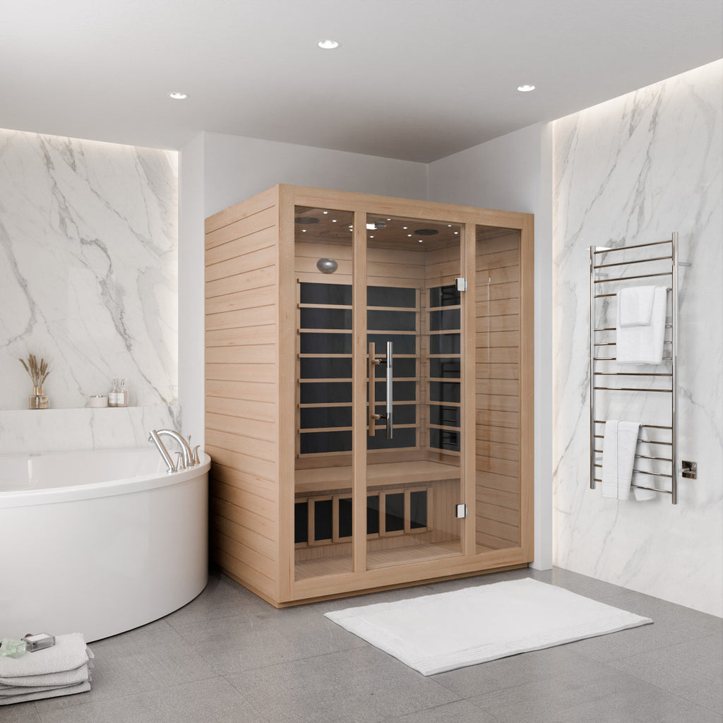 SteamSpa Maldives 3-Person Carbon FAR Infrared Hemlock Wooden Indoor Home Sauna Room with LED Touch Control Panel