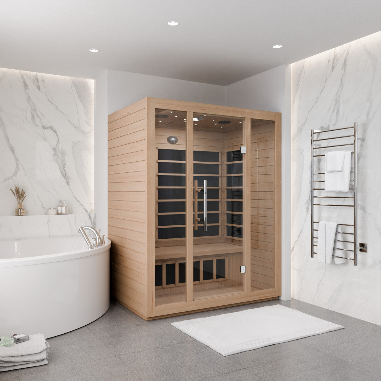 SteamSpa Maldives 3-Person Carbon FAR Infrared Hemlock Wooden Indoor Home Sauna Room with LED Touch Control Panel